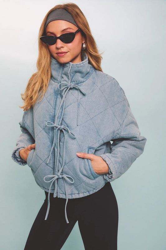 Bow Detail Padded Denim Jacket