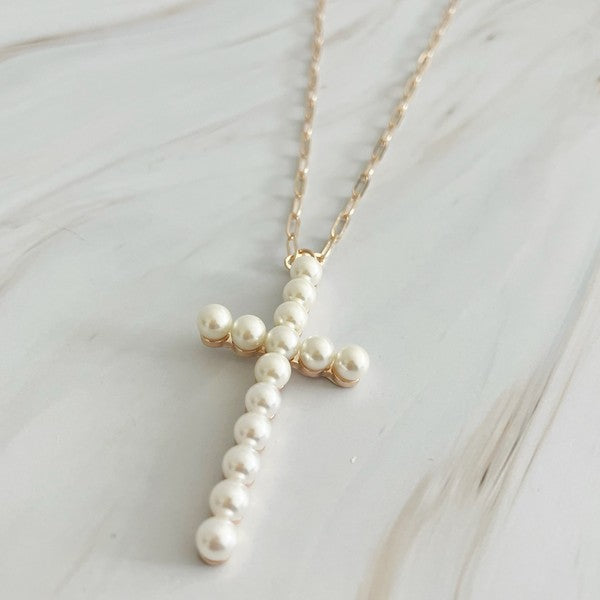 Pearl Cross Pendant Clip Chain Necklace