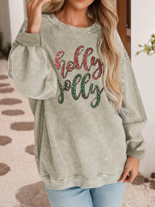 Sequined Holly Jolly Graphic Corded Sweatshirt