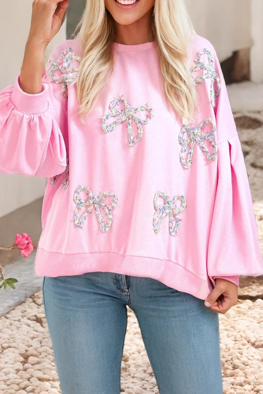 Bow Decor Lantern Sleeve Oversized Pullover Sweatshirt