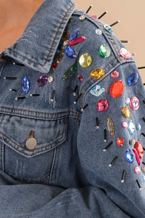 Rainbow Jeweled Embellished Denim Jacket