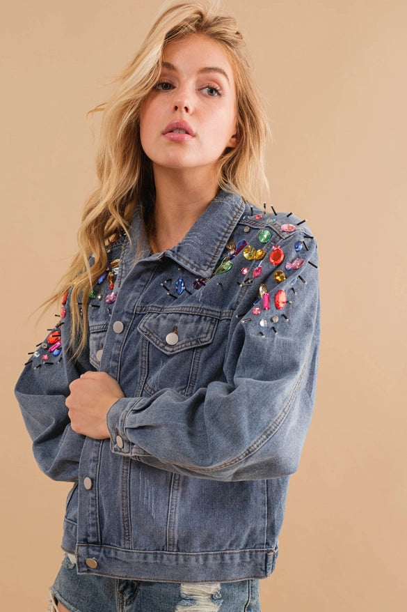 Rainbow Jeweled Embellished Denim Jacket